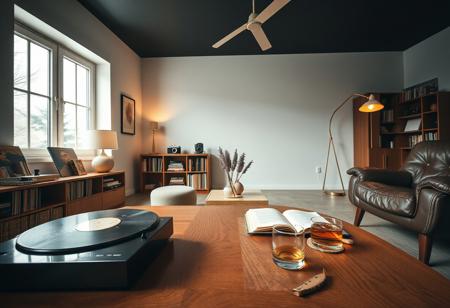 Sleek vintage-themed decor. Shot on a Fujifilm GFX 100S, soft contrast, balanced exposure, ISO 800. GF 45mm f/2.8 lens. Wide-angle shot, minimalist composition. Soft lighting with natural highlights.
A refined retro living space with a minimalist approach—clean lines, mid-century furniture, and a subtle color palette. A large picture window floods the room with soft light, reflecting off a polished wooden coffee table with intricate grain. The air carries the scent of aged books and freshly brewed tea, mingling with the musk of vintage upholstery.
A curated collection of vinyl records and retro cameras lines open shelves, organized by era. A classic table lamp casts a warm glow, while the dark ceiling adds sophistication. A turntable spins beside a row of worn hardcover books. A ceramic vase with dried lavender rests on a side table, adding rustic charm.
Furniture is arranged thoughtfully, each piece serving a purpose. A deep leather lounge chair sits in one corner, its surface softened by time. A minimalist floor lamp casts a golden glow over an open notebook and reading glasses. A glass of whiskey with a melting ice cube sits on a coaster, left in a moment of reflection. The uncluttered foreground allows the space to breathe, evoking nostalgia and timeless charm. The soft hum of a radio playing slow jazz completes the serene atmosphere.
