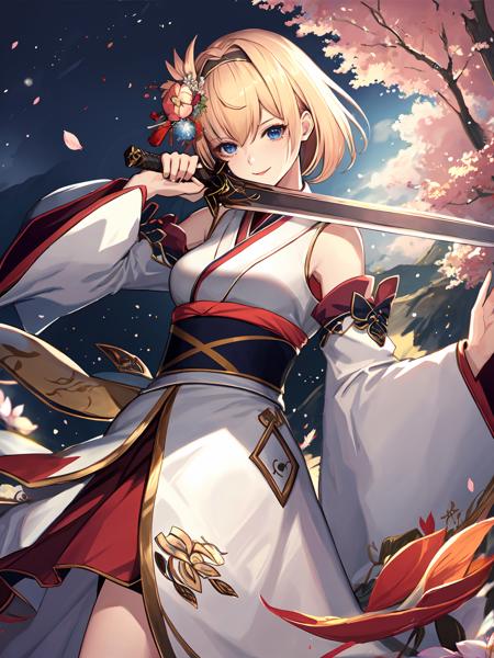 masterpiece,best quality,highres,cinematic lighting,dramatic angle,<lora:ShadowverseAureliaV2:0.8> ,blonde hair,hairband,hair ornament,hair flower,japanese clothes,bare shoulders,detached sleeves,wide sleeves,holding sword,cherry blossom,cowboy shot,tabi,sandals,sash,looking at viewer,smile