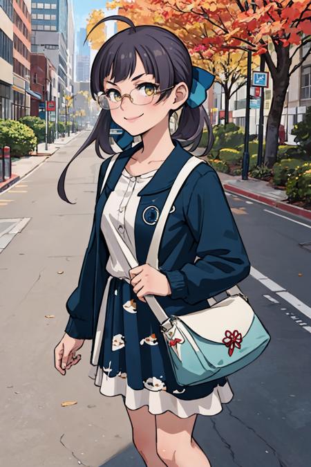 (masterpiece, best quality:1.2), solo, 1girl, fujinamiautumn, smile, looking at viewer, ahoge, side ponytail, hair ribbon, glasses, blue jacket, long sleeves, dress, bag, outdoors, city sidewalk  <lora:kancolle_fujinami:0.8>