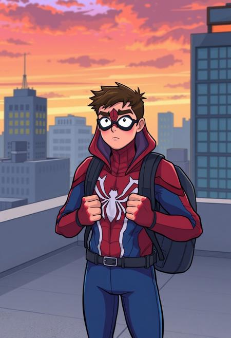 Peter Parker on a rooftop surprised and worried opening his backpack and discovering that inside he has SpiderGwen's costume