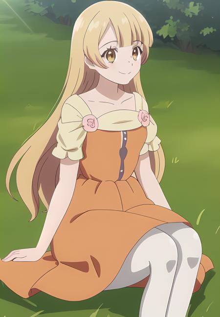 <lora:Tiara_Royal_Ivy:0.8>, Tiara_Royal_Ivy, 1girl, solo, smile, orange dress, long skirt, sitting, grass, pantyhose,