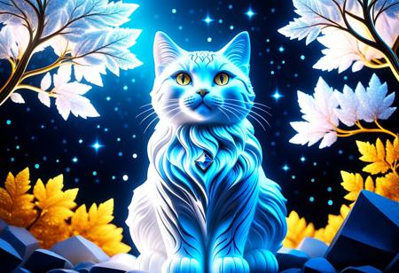cstatuesdxl, Kurzgesagt,cat made out of stone, cat statue, clothes, greek style, sfw, starry_morph, stone fur, tail,  detailxl, score_9, score_8_up, Kurzgesagt, score_7_up, score_6_up, score_5_up,side view ,cozy atmosphere, creative light overlay, 4k, masterpiece, (masterpiece), best quality, sar, (4K), (cinematic lighting), highly detailed, 8K, UHD, ultra detailed, immersive picture, vivid colors, volumetric light, cinematic light, extremely detailed CG, A dense forest of diamond trees, their branches covered in shimmering diamond leaves, glowing under a starlit sky, with glowing diamond flowers at the base