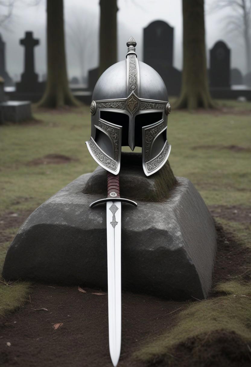 A viiking helmet and sword laying next to grave