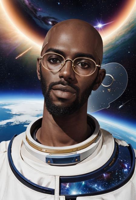 <lora:alphawannv2:0.7> 1boy, solo, portrait, dark skin, bald, glasses, alphawann, beard, shirt, fashion photography of astronaut boy, in space with galaxy behind