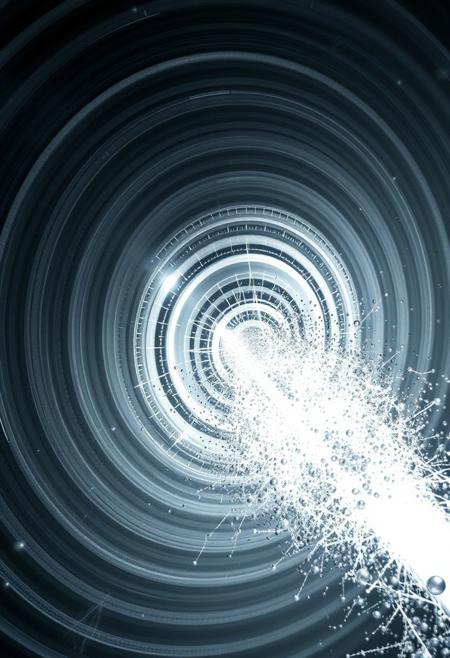 A chrome and silver beam hitting a supervillain 100 metres away. The beam is about 1 metre thick and surrounded by multiple concentric grey and white circles of varying diameter   And the impact has an explosion of grey scale and metallic particles. Each particle is concentric. They are 5 to 300 mm in diameter