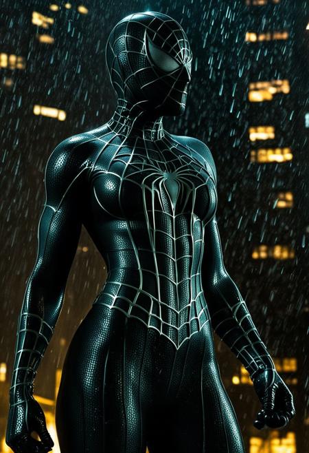 score_9, score_8_up, score_7_up, best quality, realistic, masterpiece, beautiful detail, hyperrealistic, ((1girl, woman body, big breasts)), amazing detailed full body portrait of a beautiful girl, wearing a realistic and highly detailed black raimi spider-man suit , wears black spiderman mask, ((huge muscular girl)),  wet, (strong pose),  suit covered entire body and hand, black spiderman gloves, (full body), (dirty skin), close up, octane render, highly detailed, volumetric, dramatic lighting, (highest quality:1.1), (HDR:1.3), (top quality, best quality), realistic, high definition,
