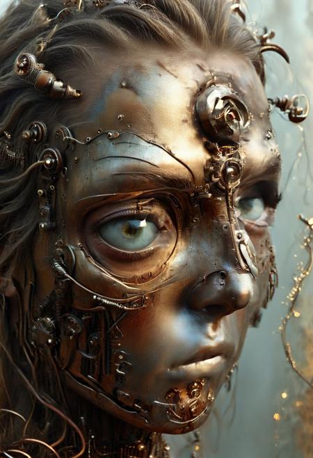 dvr-rst, steampunk android portrait, rusted, cracked brass face with exposed cybernetics. Hyper-realistic details,  human eyes, one framed by intricate mechanical eyelid. Weathered off-white surface, etched with fine fracture lines and rust stains. Hard, lifelike lips contrast with silicon rubber skin. Segmented panels reveal glimpses of retro steampunk circuitry beneath. Delicate nose sculpted with artificial precision. Visible joints, bolts, welding, and seams along cheekbones and forehead. One eye socket houses glowing red Incandescent bulbs. Tangle of obsolete wires and tubes at neck. Lush, overgrown backdrop hints at post-apocalyptic setting. Harsh, dramatic lighting emphasizes textures. steampunk aesthetic meets baroque detailing. Ultra-high resolution, photorealistic rendering.