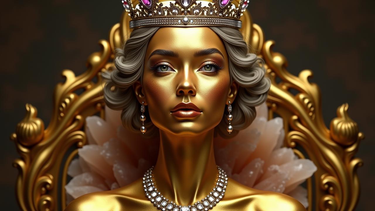 Medium shot portrait of a realistic woman made of shiny reflective gold. Her skin is made of polished gold with little rust and noise. Her golden face features eyes made of an iridescence gem and her short hair and eyebrows are made of reflective silver metal. She is wearing a royal queen crown made of glass and crystals and a diamond necklace. The background features a throne made of quartz.