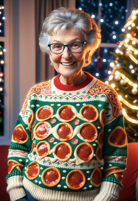 wholesome granny wearing pizzasdx sweater, looking at viewer, smile, christmas tree, christmas lights, living room