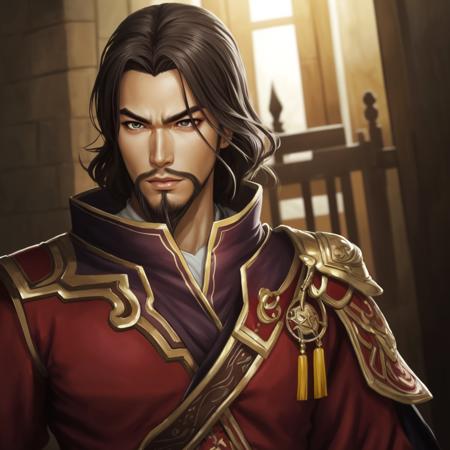 anime, ((medium up of lumeng)), dw7outfit, a man, (((thinking pose))), dark brown hair, hazel eyes, goatee beard, hakama pants, by seunghee lee, Jang Tae-Hwan, Chocofing R, seungho lee, smooth soft skin, big dreamy eyes, beautiful intricate colored hair, symmetrical, anime wide eyes, soft lighting, concept art, digital painting, detailed face, <lora:lumeng:0.4>