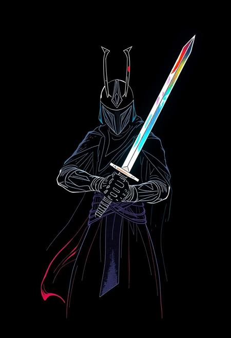 Abstract joyful drawing of mandalorian with a transparent sword, white line on black background, colourful neat lines, no background, clean lines, minimalistic, tezuka one line drawing, highly detailed and hyper realistic photo, by Alena Aenami , by Archibald Thorburn , by Daniele Afferni ,  in the style of  monochromatic silhouette reflection,  limited dark palette, unusual dark colors, faded colors, atmospheric haze, highly dramatic cinematic lighting, motion blur, film grain,  professional, excellent composition, finest details, maximized details, ultimate detail level, masterpiece, best quality
