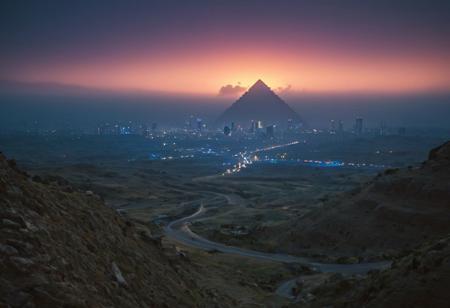 night cityscape, skyscrapers, huge docked spaceship in the horizon,Egyptian pyramids tall  as the sky, multi layered highways that circle the  city center ,  illuminated buildings, neon lights, urban skyline, futuristic, cyberpunk aesthetic, sunrise, atmospheric haze, street lamps, architectural lighting, high-rise towers, city glow, modern metropolis, dynamic composition, wide shot
BREAK
()Hyoer Realistic:2.0)Polaroid picture an A realistic, sunlit landscape of rolling green hills with lush grass and wildflowers, reminiscent of Green Hill Zone from Sonic the Hedgehog. The scene features winding paths, scattered trees, and a clear blue sky with a few fluffy white clouds. (The terrain is gently sloping with some rocky outcrops and small streams:1.7). The overall atmosphere is serene and vibrant, capturing the essence of a picturesque countryside on a warm day