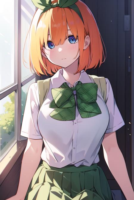 yotsubanakano, <lyco:yotsubanakano-LYCORIStest:1>, yotsuba nakano, bangs, short hair, blue eyes, hair between eyes, hair ribbon, hairband, orange hair, green ribbon,
BREAK skirt, shirt, bow, ribbon, school uniform, white shirt, short sleeves, pleated skirt, shoes, socks, collared shirt, miniskirt, bowtie, black footwear, kneehighs, green skirt, black socks, loafers, green bow, sweater vest, green ribbon,,
BREAK indoors, classroom,
BREAK looking at viewer, BREAK <lora:GoodHands-vanilla:1>, (masterpiece:1.2), best quality, high resolution, unity 8k wallpaper, (illustration:0.8), (beautiful detailed eyes:1.6), extremely detailed face, perfect lighting, extremely detailed CG, (perfect hands, perfect anatomy),