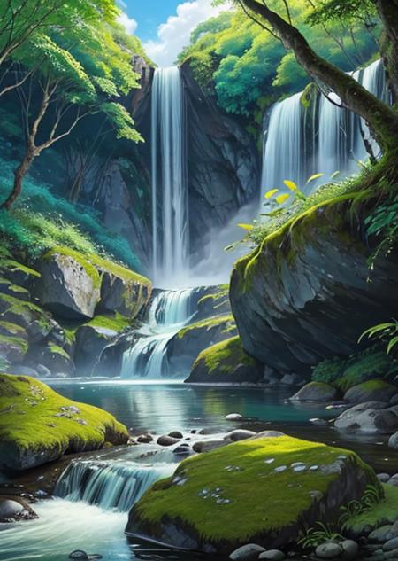 waterfall, rainbow, colorful flowers, moss, water, rocks, jungle, trees with very green leaves, very blue water,beautiful landscape, colird and tropical