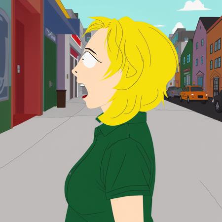 woman, happy, green shirt, blonde hair, in the city, (side view), cartoon, south park style<lora:South Park Style v2:0.6>