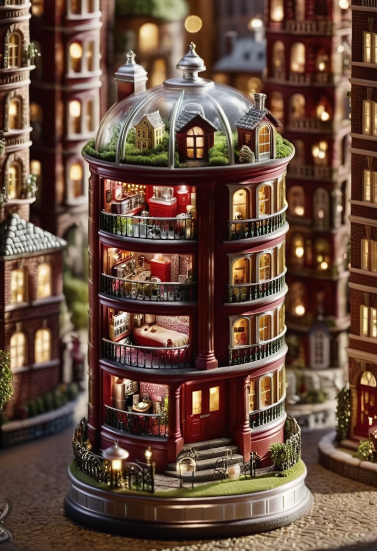 cinematic photo in a surreal landscape, a miniature of a house sits nestled in the heart of a bustling city. Inside a can ...
