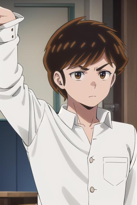 atarumoroboshi, <lora:ataru moroboshi s1-lora-nochekaiser:1>,
ataru moroboshi, brown hair, male focus, (brown eyes:1.5),
BREAK shirt, school uniform, white shirt, collared shirt, pants, black pants, sneakers, gakuran,
BREAK indoors, classroom,
BREAK looking at viewer, (cowboy shot:1.5),
BREAK <lyco:GoodHands-beta2:1>, (masterpiece:1.2), best quality, high resolution, unity 8k wallpaper, (illustration:0.8), (beautiful detailed eyes:1.6), extremely detailed face, perfect lighting, extremely detailed CG, (perfect hands, perfect anatomy),