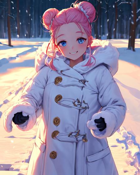 <lora:e7 Choux:1> e7 Choux, pink hair, two hair buns, comb over hair, clear forehead, plump cheeks, oversized white fur coat, white mittens, smiling,
(naked under the coat, nsfw, flat chest),
playing in the snow, snow falling, outdoors, snowy woods,
(masterpiece),  best quality, highres, 4k, 8k, Detailed Illustration, intricate detail, cinematic lighting, amazing quality, 1girl, fit female, amazing shading, soft lighting, facing camera, perfect eyes