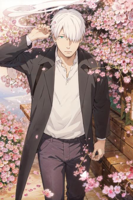 (masterpiece, top quality, best quality, official art, detailed:1.2),<lora:ginko-21:0.7>, ginko_soul3142, solo, green eyes, shirt, 1boy, jacket, white shirt, flower, white hair, male focus, pants, hair over one eye, petals, cherry blossoms, smoke, cigarette, smoking