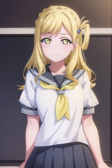 mariohara, <lora:mari ohara s2-lora-nochekaiser:1>,
mari ohara, long hair, bangs, blonde hair, hair ornament, (yellow eyes:1.3), braid, medium hair, hair rings, crown braid, smile,
BREAK skirt, school uniform, short sleeves, pleated skirt, serafuku, socks, neckerchief, kneehighs, black socks, green neckerchief, grey skirt, uranohoshi school uniform,
BREAK indoors, classroom,
BREAK looking at viewer, (cowboy shot:1.5),
BREAK <lyco:GoodHands-beta2:1>, (masterpiece:1.2), best quality, high resolution, unity 8k wallpaper, (illustration:0.8), (beautiful detailed eyes:1.6), extremely detailed face, perfect lighting, extremely detailed CG, (perfect hands, perfect anatomy),