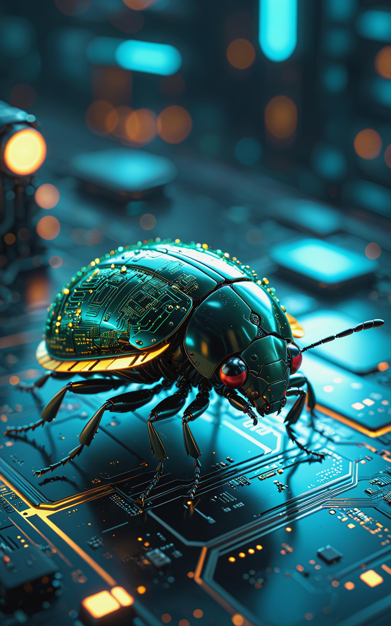 The image features a green and black beetle, possibly a ladybug, sitting on a circuit board. The insect appears to be either walking or crawling on the circuit board, which is covered with yellow and green lights. The beetle's presence adds a unique and interesting visual element to the scene.