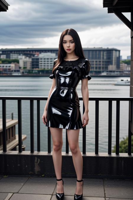 realistic, masterpiece, high detailed skin, looking at viewer, full body shot, scenic view, long hair, black hair
<lora:Latex_ Frock_Dress_By_Stable_Yogi:0.8> black latex, short frock, frills, lace