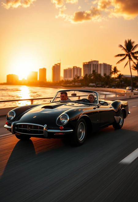 A sweeping shot of a sleek vintage sports car, its glossy black finish radiating golden highlights as it cruises along the Miami Beach coastal highway at sunset. The ocean glistens like molten gold beneath the fading light, with the retro skyline rising in the background - a radiant blend of gold and shadowy silhouettes. Neon accents pulse softly in warm amber tones, harmonizing with the golden horizon. Palms sway gently, their fronds catching the sun's final rays, casting a dreamy, nostalgic ambiance. The driver, carefree and joyful, savors the experience as the setting sun dips below the horizon.