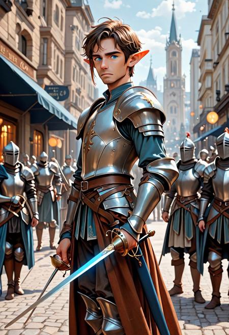 score_9_up, score_8_up, score_7_up, score_6_up. masterpiece, best quality, good quality, very aesthetic, absurdres, semirealism, RapierXL, fantasy, 8K, depth of field, focused subject, Elf knight:1.3, 19yo male, androgynous, pointed ears, short brown hair, male haircut, blue eyes, wearing detailed armor, knight's armor, he is standing, holding sword, rapier, weapon, blue glowing sword, city park