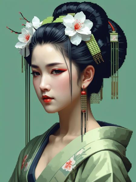 <lora:05ClassicalArt_Hap_XL:3.5>, William-Adolphe Bouguereau style, <lora:add-detail-xl:0.00001>, beautiful charming geisha in cyberpunk style, 8bit pixel art with greenish feeling,