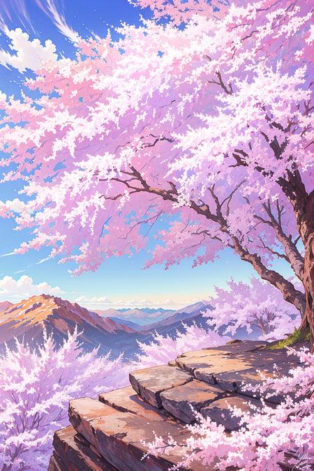 octans, no humans, sky, scenery, outdoors, cloud, tree, rock, day, blue sky, cherry blossoms, grass, cloudy sky, mountain<lora:octans:1>