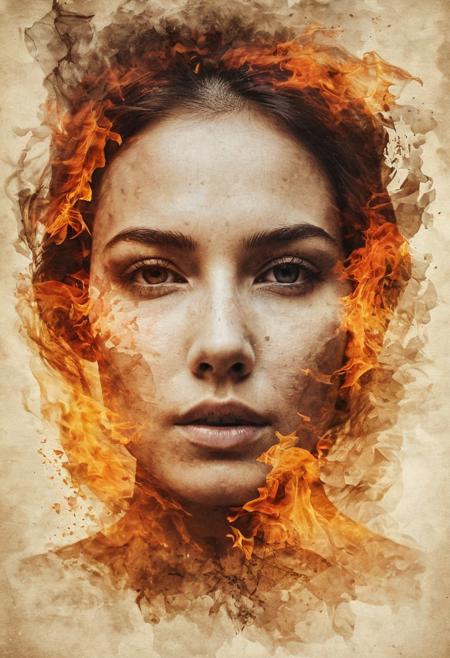 Create a haunting double exposure photograph of a woman, with her back superimposed over her face, softly lit and looking directly at the viewer. The image should be overlaid on a burnt paper texture, with fiery elements and vibrant color fragments bursting through the cracks, as if the paper is being consumed by flames. The double exposure effect should blend seamlessly, with the woman's face and the burnt paper merging into a dreamlike and surreal scene, full of warmth and intensity
