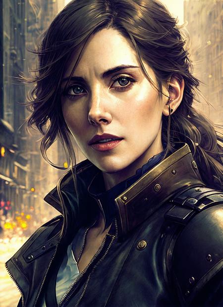 illustration of sks woman as thief in leather armor, smirk, beautiful detailed eyes, cinematic, drawn by Greg Rutkowski, Yoji Shinkawa:0.6, vibrant colors, <lora:locon_alisonbrie_v1_from_v1_64_32:1.3>