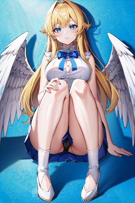 (masterpiece:1.2, best quality:1.2), full body, Aria has waist-length blonde hair that is often styled into loose waves, and sparkling bright blue eyes that reflect her optimism. Her skin is fair and rosy-cheeked, and she has a slender yet muscular physique that reflects her active lifestyle. She wears a white sleeveless shirt with a blue ribbon and a white pleated skirt that falls just above her knees. Aria's pure white wings are always visible on her back, signifying her status as an angel, Ray Tracing, Global Illumination, An Extremely Delicate And Beautiful, Best Shadows, Shallow Depth of Field, Brilliant Colorful Paintings, Dramatic Shadow, Dramatic Lighting, sharp focus, (8k), (4k), extremely detailed, intricate, hyper detailed,