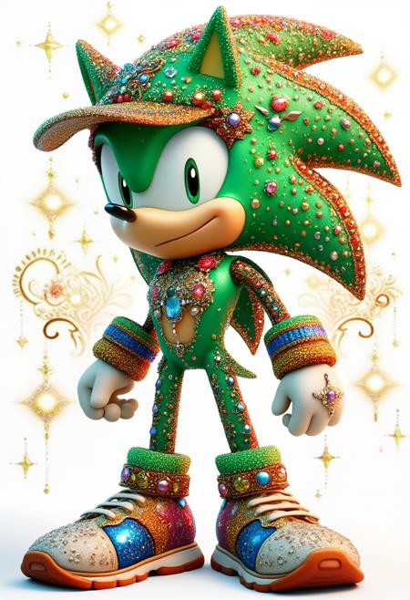 A cartoon drawing of sonic the hedgehog wearing green bl1ngfashion.