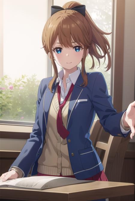 akatsukiminami, <lora:akatsuki minami s1-lora-nochekaiser:1>,
akatsuki minami, blue eyes, brown hair, ponytail, hair bow, sidelocks, black bow, smile,
BREAK shirt, school uniform, jacket, white shirt, necktie, collared shirt, blazer, red necktie, red skirt, skirt,
BREAK indoors, classroom,
BREAK looking at viewer, (cowboy shot:1.5),
BREAK <lyco:GoodHands-beta2:1>, (masterpiece:1.2), best quality, high resolution, unity 8k wallpaper, (illustration:0.8), (beautiful detailed eyes:1.6), extremely detailed face, perfect lighting, extremely detailed CG, (perfect hands, perfect anatomy),