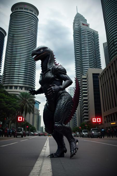cinematic film still of  <lora:xenomorph style SD1.5:1>
Godzilla,full body, side view, ,solo,open mouth,teeth,tongue,,blurry background,fangs,sharp teeth,monster , horror themed, dark themed, cinematic, film still, xenomorph style, shallow depth of field, vignette, highly detailed, high budget, bokeh, cinemascope, moody, epic, gorgeous, background KLCC, Malaysia Street, crowd running, panic,