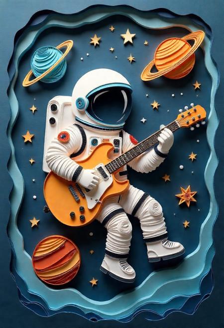 A paper quilling, layered paper scene of an astronaut playing an electric guitar while floating in space, surrounded by stars and planets, capturing the cosmic energy and musical vibe in zero gravity.
