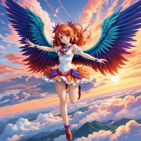 digital 2D art, a beautiful technicolor anime magical girl, flying through the sky, sunset backdrop, clouds, a pair of fiery blue wings



