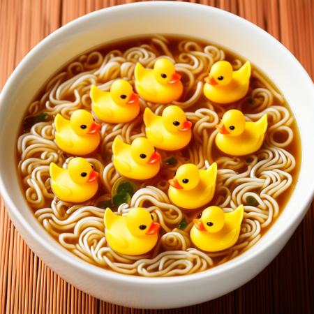 5 rubber ducks swimming in  ramen soup,product photography