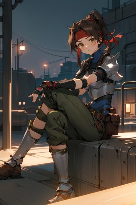 masterpiece, best quality, jessie rasberry, headband, armor, blue bodysuit, belt, fingerless gloves, pouch, green pants, boots, sitting, metal railing, factory, industrial park, night, determined expression on face, looking at viewer <lora:jessie-nvwls-v2-000010:0.9>