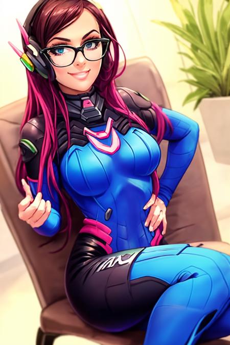 woman sssniperwolf smiling in glasses sitting in a chair wearing a dva cosplay with blue bodysuit <lora:sssniperwolf:1> and black leggings <lora:add_detail:0.4>, masterpiece, best quality  <lora:dva:0.6>,