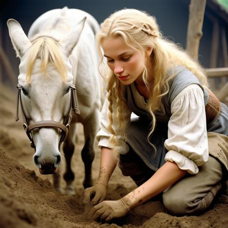 a medieval farmer digging in the dirt, 1girl, blonde hair, horse,
