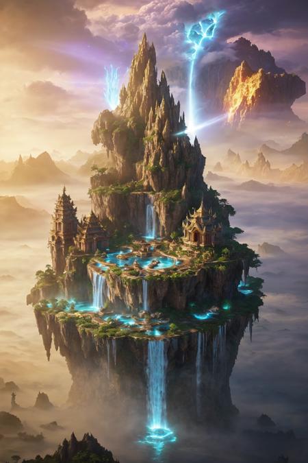 epic magical fantasy world, floating islands with glowing waterfalls, ancient temples on each island, golden light beams from the clouds, dragons flying in the sky, magical flora, painterly photorealism, ultra wide cinematic lens, Lineage II inspired