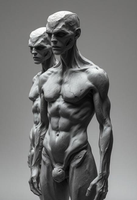 human bodies, raw, unrefined textures, harsh and angular forms, abstract figures, distorted anatomy, minimalist design, geometric shapes, rough edges, primal and industrial aesthetic, concrete-like skin, exaggerated muscles, stark lighting, monochromatic tones, dystopian vibe, sculptural appearance, unsettling, high resolution, photorealism, (severe expression:1.3), (raw materials:1.4), (emphasis on form:1.2), minimal details, (blurry:-1.2), (ugly:-1.3), (cartoonish:-1.1), (smooth surfaces:-1.4), (polished:-1.3), (low quality:-1.2), (overly ornate:-1.5), (disjointed anatomy:-1.3), (soft lighting:-1.2), (vibrant colors:-1.4), (noisy:-1.1), (bad composition:-1.3)