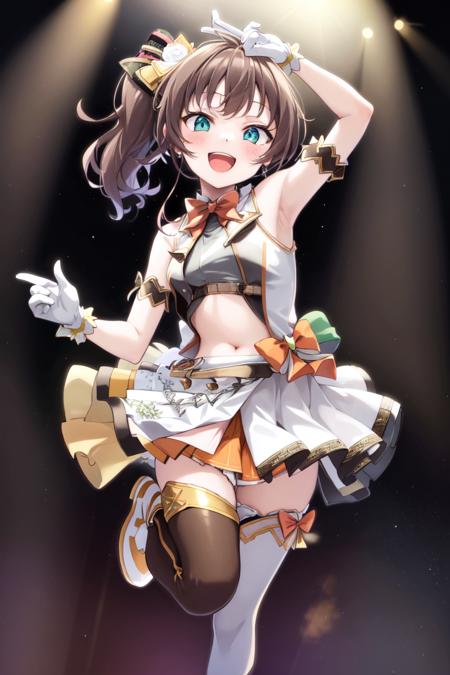 1girl, virtual youtuber, matsuri_idol1, stage, hololive idol uniform, solo, ahoge, brown hair, gloves, white gloves, skirt, open mouth, thighhighs, navel, smile, idol clothes, armpits,  official alternate costume, side ponytail, full body, navel cutout, arm up, bangs, bow, looking at viewer, hair ornament, white footwear, idol, blush, white skirt, alternate costume, standing on one leg, aqua eyes, orange bow, clothing cutout, sleeveless, ribbon, standing, boots, medium hair, ^_^, :d. <lora:Hololive_natsuiro_matsuri_V1.0:0.7>