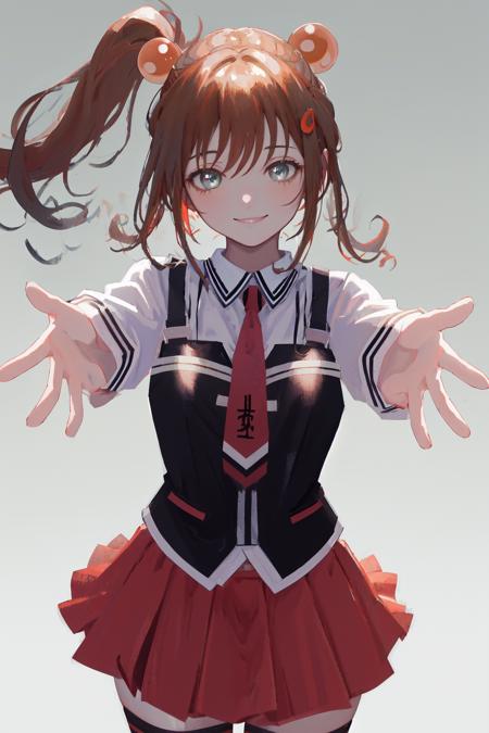 masterpiece, best quality, highres, 1girl kurumi imari, school uniform red skirt red necktie black thighhighs white shirt black vest strap <lora:kurumi_imari:1> outstretched arms, reaching out, smile