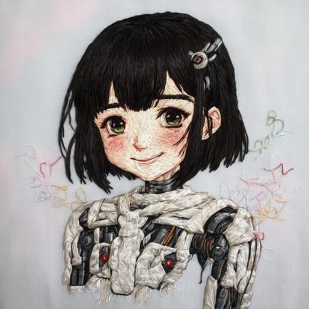 <lora:SDXL_embroidery_Sa_May_V8:1>  embroidery, 16-year-old black-haired android girl, cute robot smiles, hugs and rejoices together.