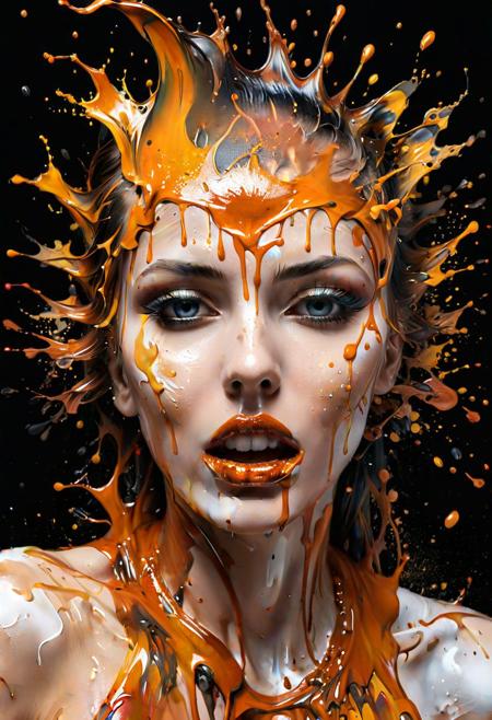 a woman with a big splash of paint all around  it's face,  Background with more painting splash in an intricate spill that leaves the canvas on a 3D s, masterful digital art, spilling juice, caramel, splash image, adi granov, bioart, strong and ferocious, art photograph, smooth drawing, dew, digital screenshot, artistic rendering.
