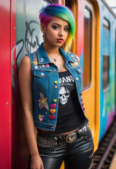 score_9, score_8_up, score_7_up,  1girl (medium full shot) of (angelic young woman:1.1) punk arabian, green eyes, olive skin, curvy,             wearing a patched denim vest over a graphic t-shirt,black leather pants, vibrant rainbow ombre spiked messy hair, adorned with safety pins and tiny skulls, leaning back against a wall, horns pose,  lonely,heart tail duo, in  a graffiti-tagged train carriage hurtling through the urban landscape, its windows rattling with the bass of punk rock anthems blaring from tinny speakers, Inside, passengers find themselves surrounded by the chaotic energy of the punk scene, while servers with brightly colored hair and piercings deliver eclectic fare with a side of counterculture attitude, at night, Masterpiece,best quality, photorealistic, amazing quality, very aesthetic, extremely detailed face