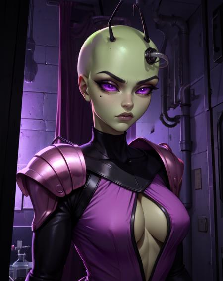 TakAlien,purple eyes ,mole under eye ,
 standing, upper body, 
pelvic curtain, black gloves,  turtle neck, pink shoulder pads,  long sleeves,  
 dark lab, purple lighting, lab tech,
(insanely detailed, beautiful detailed face,beautiful detailed eyes, masterpiece, best quality) 
 <lora:TakAlien-10v6:0.9>